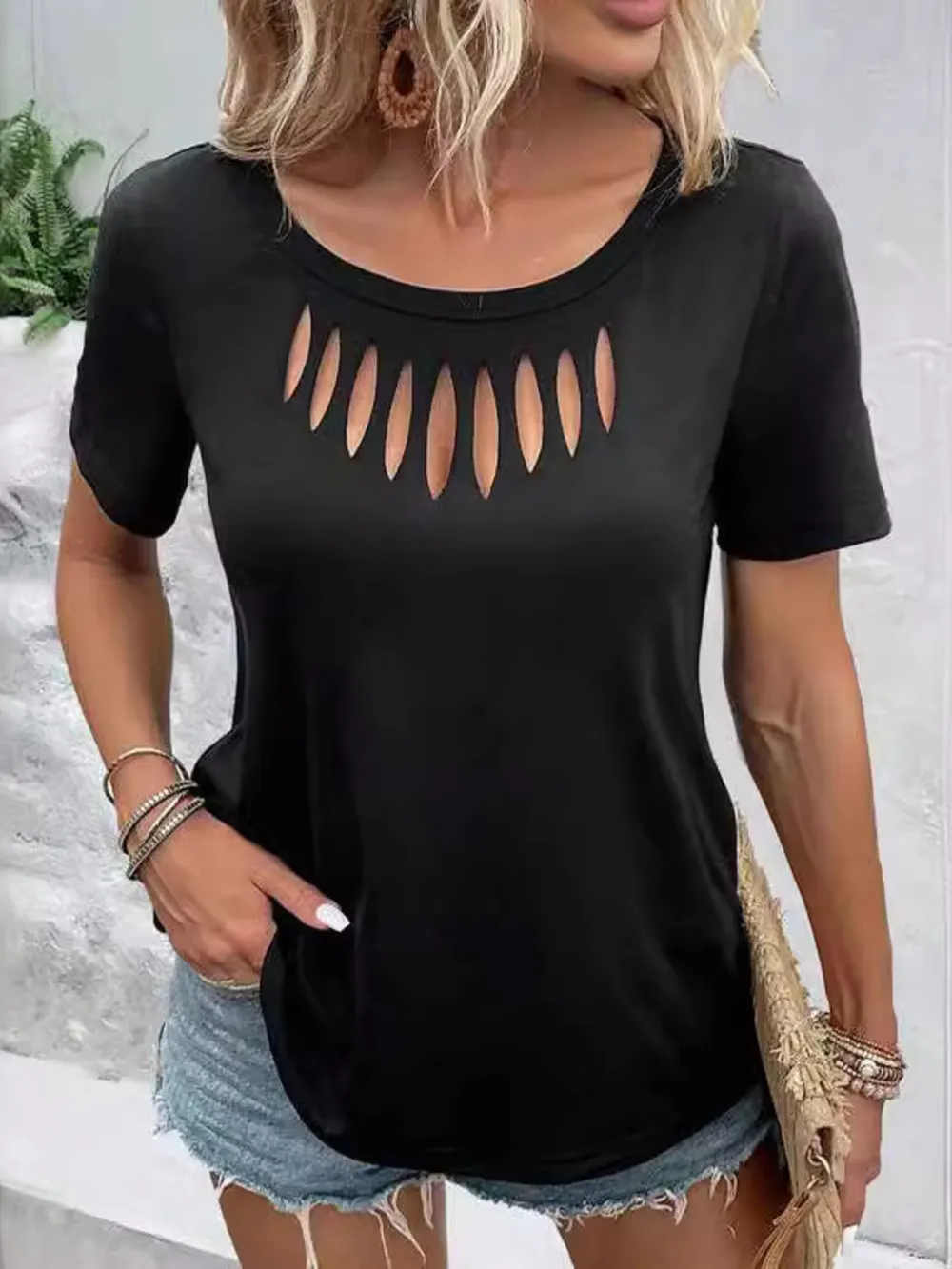 Hollow Out Neckline Short Sleeve T-Shirt, image 6