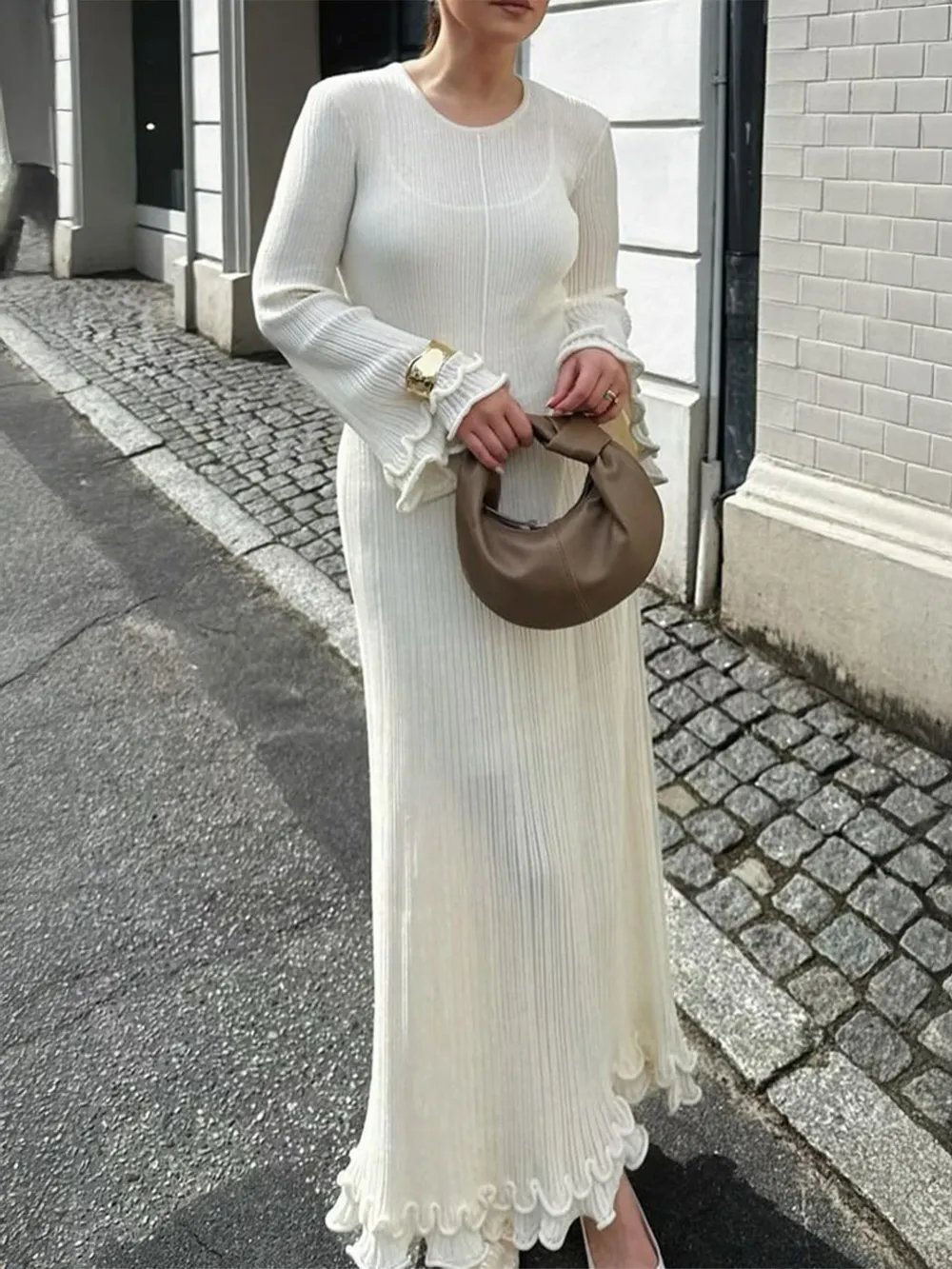 Ribbed Long Sleeve Dress with Ruffle Hem, image 2