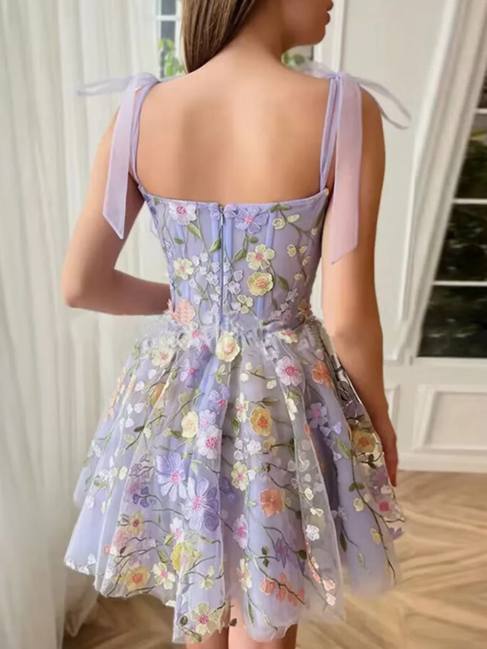Floral Applique Tie Shoulder Mini Dress, image 3