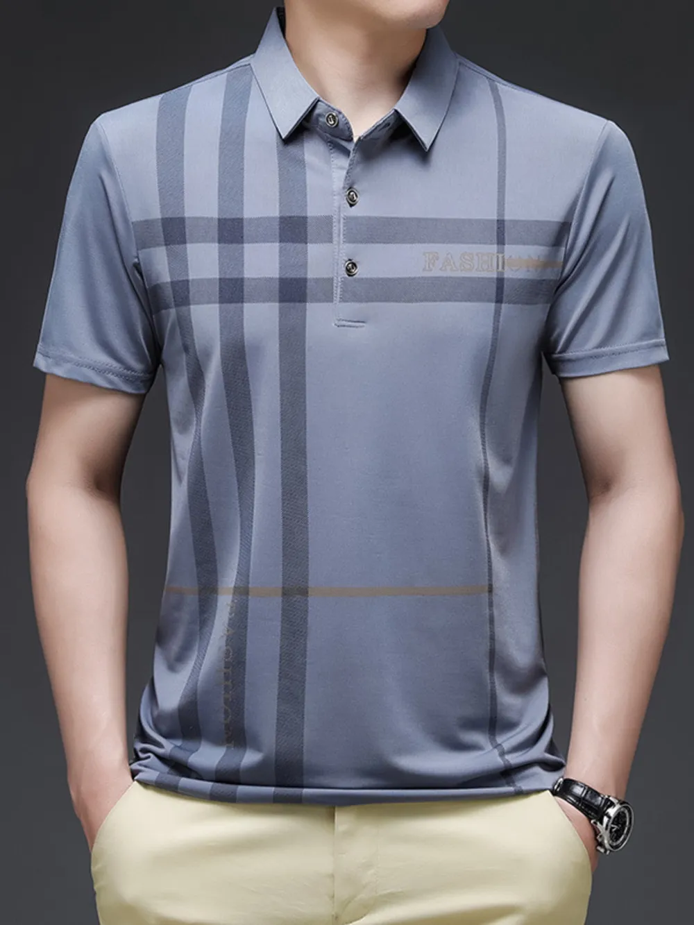 Men's Plus Size Plaid Pattern Short Sleeve Polo Shirt, image 3