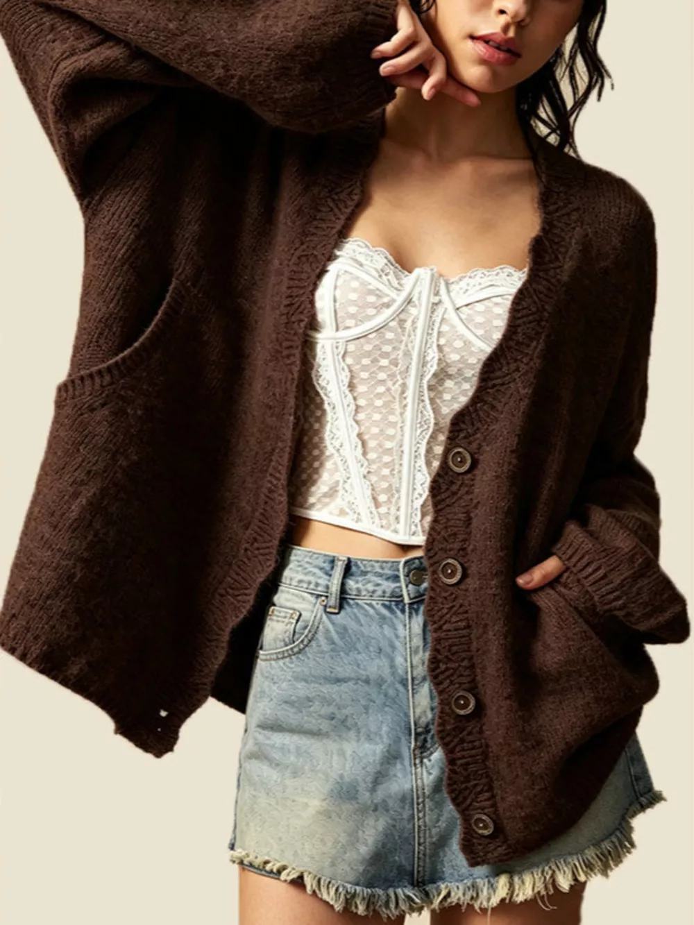 V-Neck Button-Down Knit Cardigan, image 6