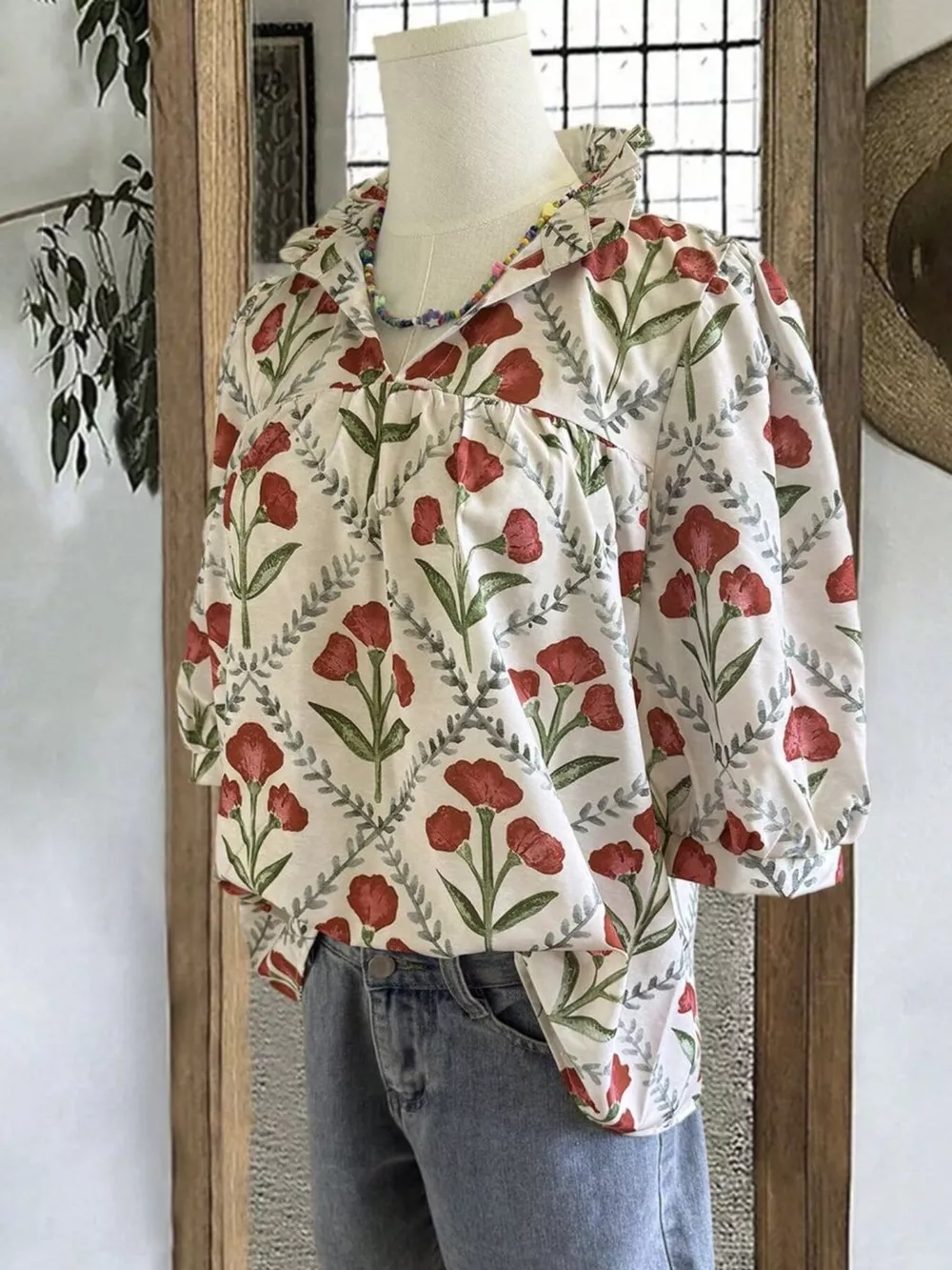 Floral Print Ruffle Collar Blouse, image 4