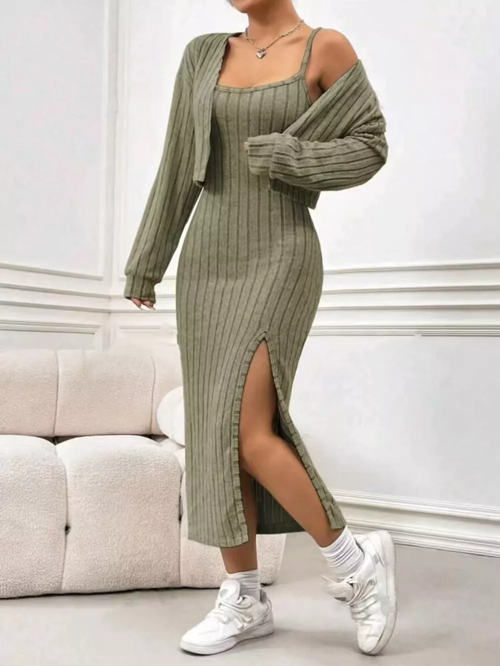 Ribbed Knit Cami Dress & Cardigan Set, image 4