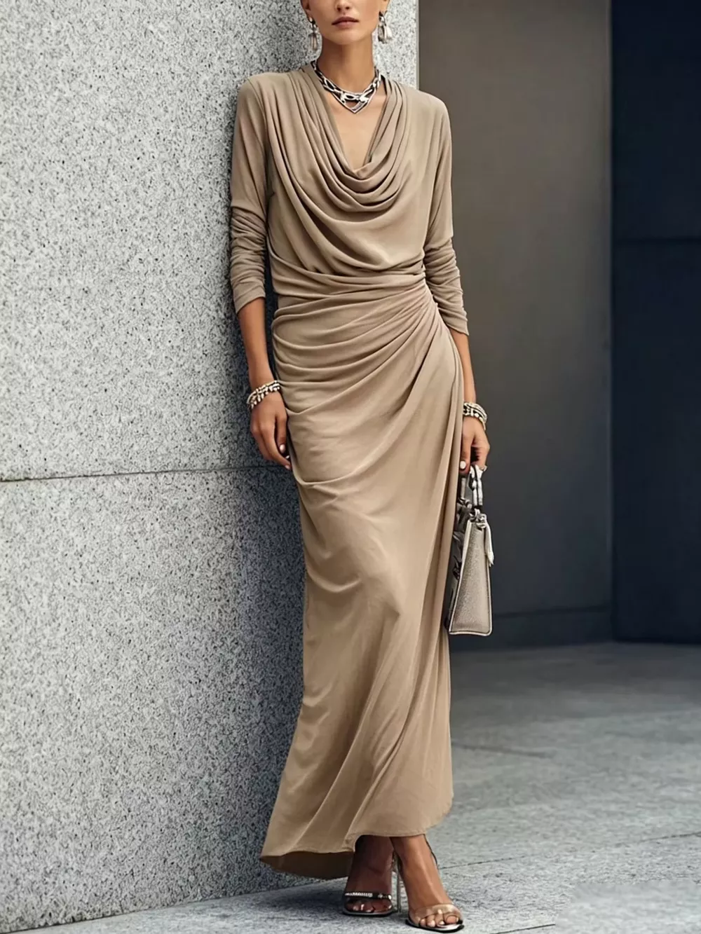 Cowl Neck Long Sleeve Maxi Dress, image 3