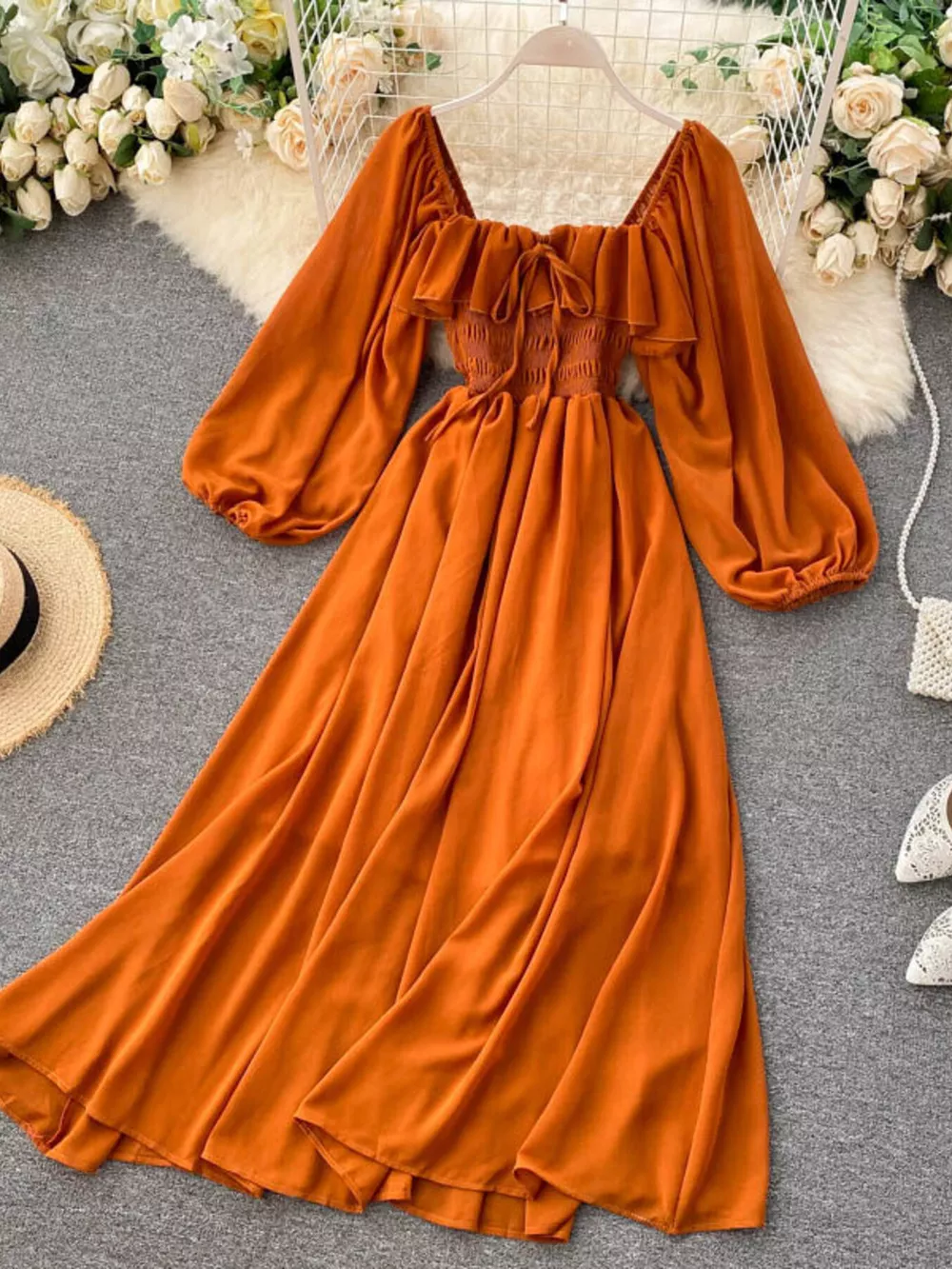 Ruffle Square Neck Balloon Sleeve A-Line Dress, image 2