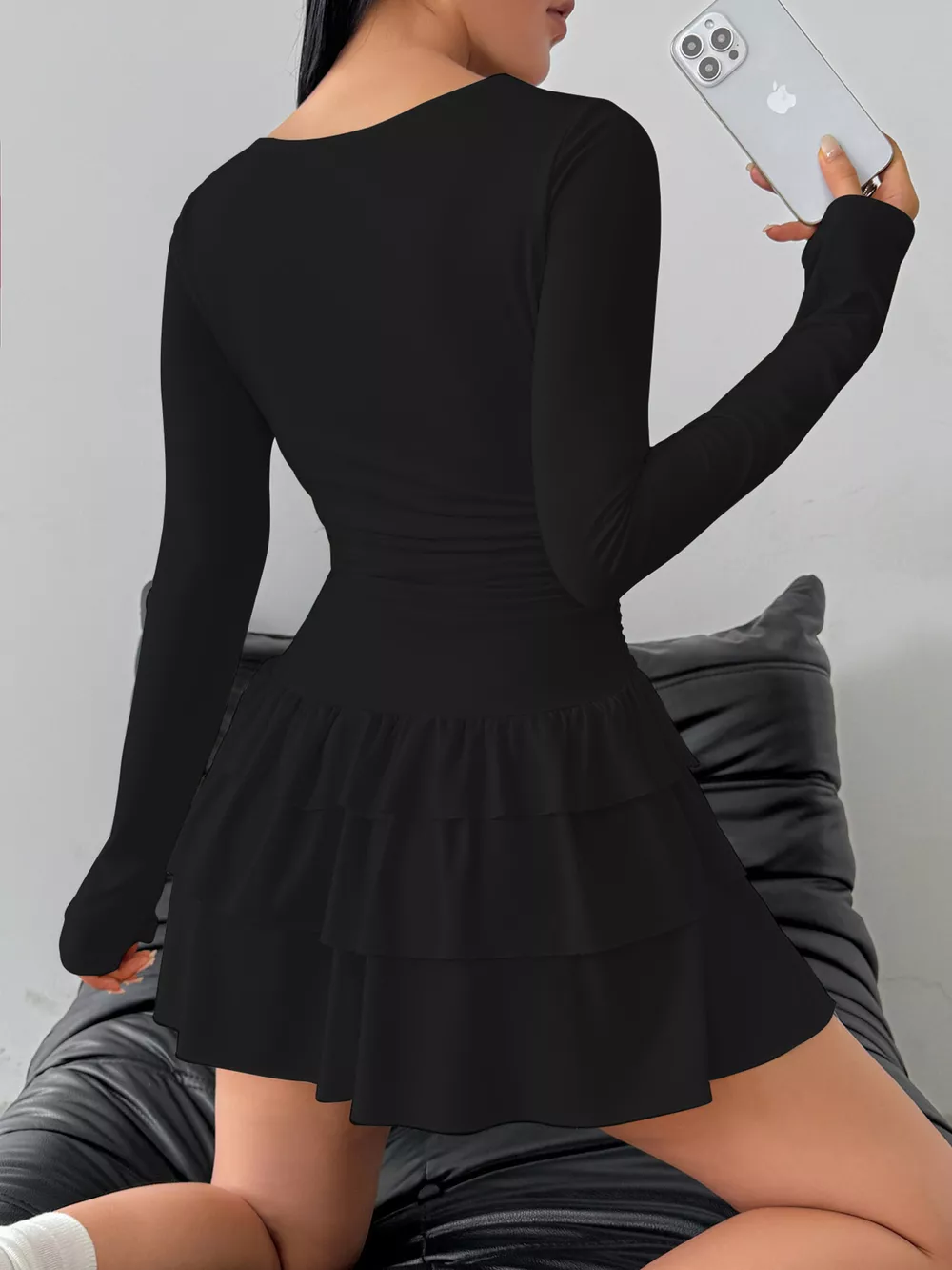 Ruched Long Sleeve Layered Ruffle Mini Dress, image 13