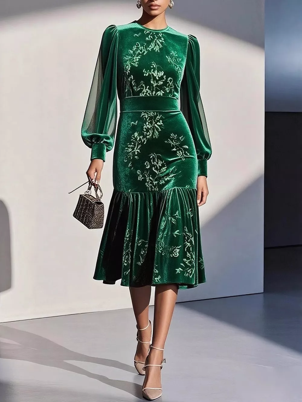 Velvet Floral Lantern Sleeve Midi Dress, image 2