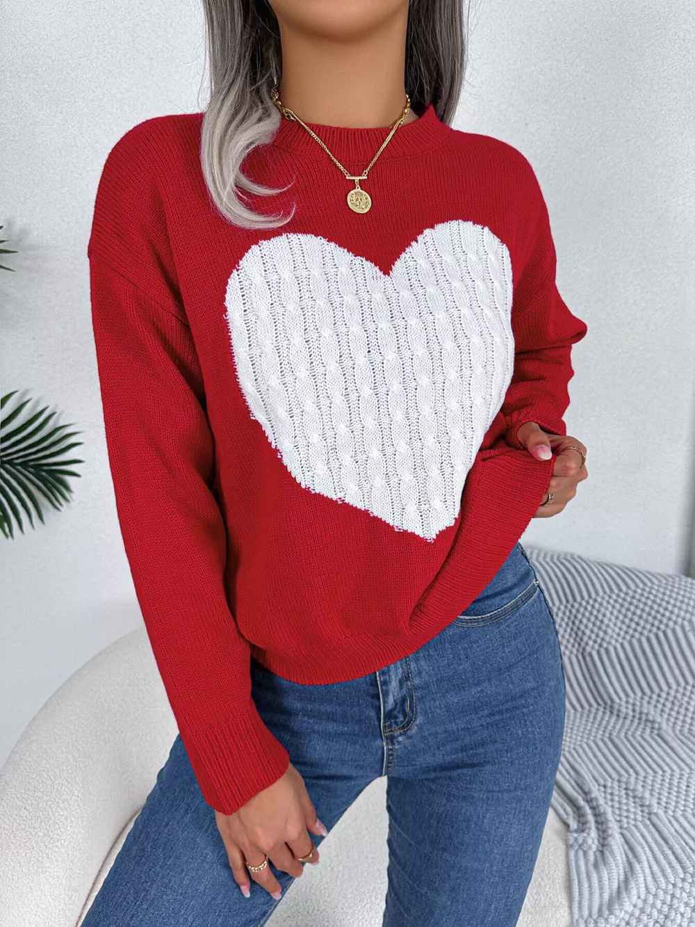 Cable Knit Heart Round Neck Sweater, image 13