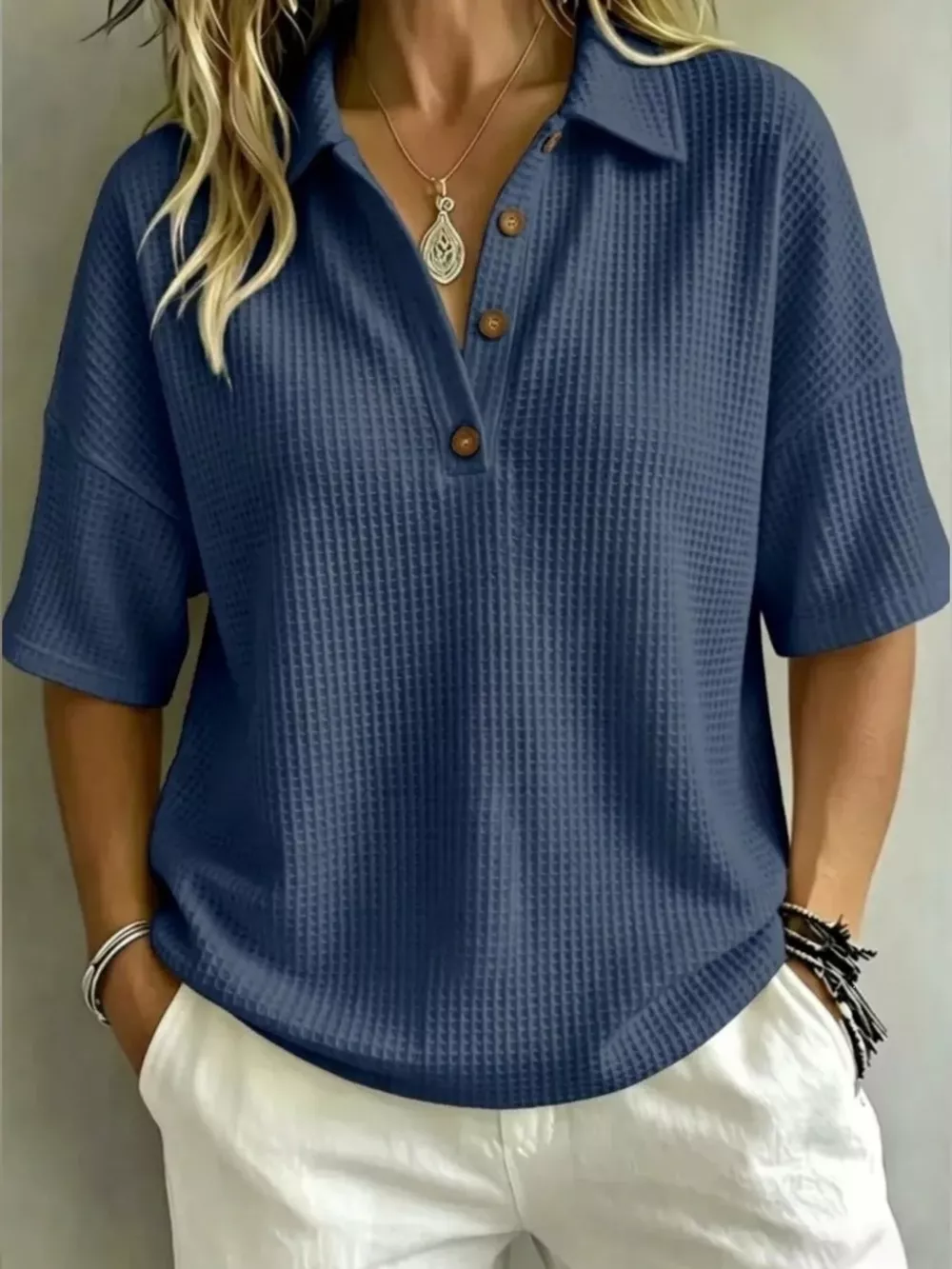 Full Size Waffle Knit Polo Top with Button Detail Plus Size, image 9