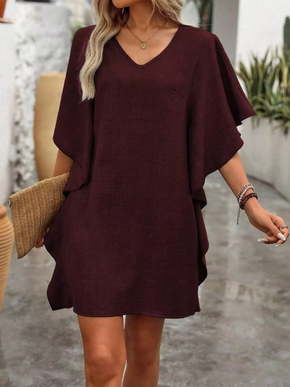Ruffled Flutter Sleeve V-Neck Mini Dress, image 9