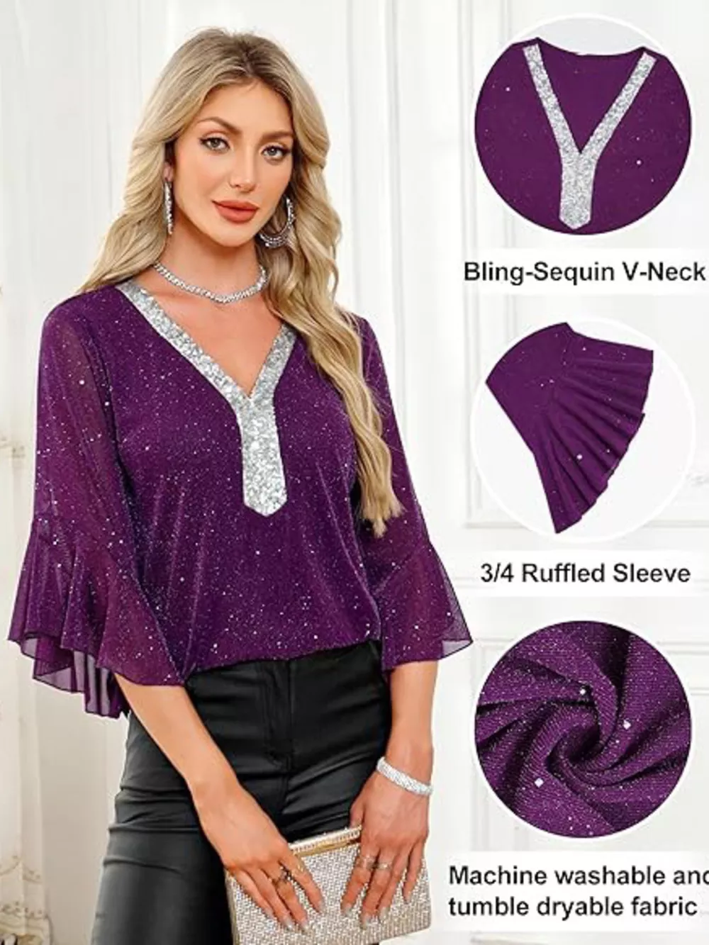 Sequin V-Neck Flounce Sleeve Blouse, image 21
