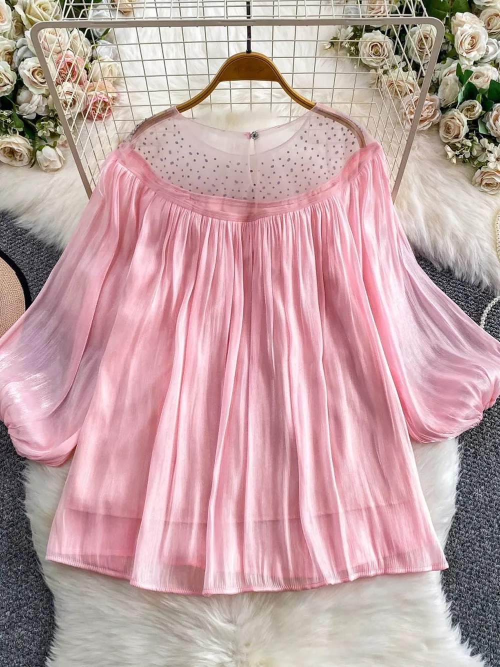 Rhinestone Mesh Panel Blouse, image 2