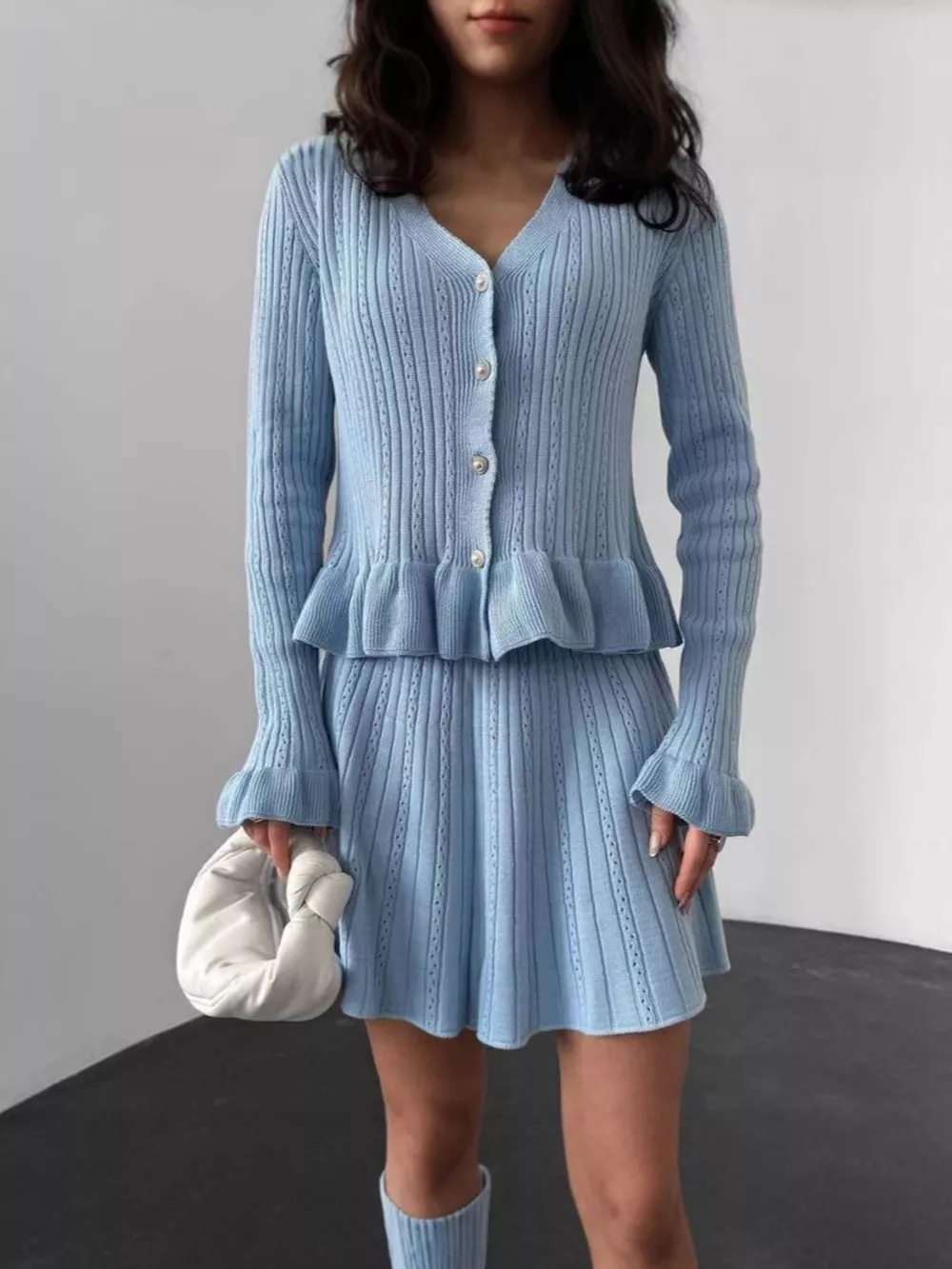 Ruffle Trim Knit Cardigan & Skirt Set, image 4