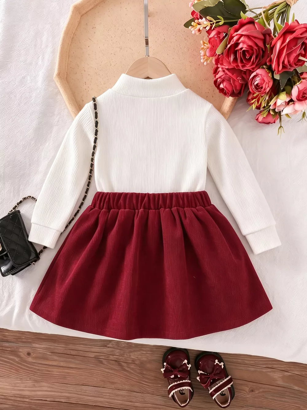 Children's Floral Applique Mock Neck Top and Pleated Skirt Set, image 5