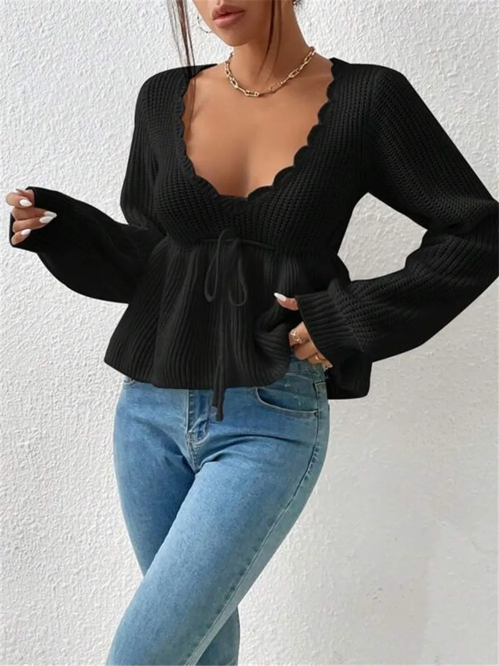 Scalloped V-Neck Drawstring Knit Top, image 8