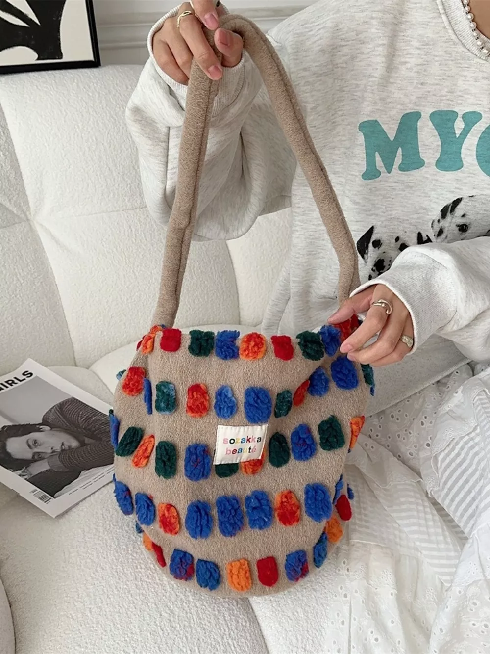 Colorful Pom-Pom Plush Crossbody Bag, image 3