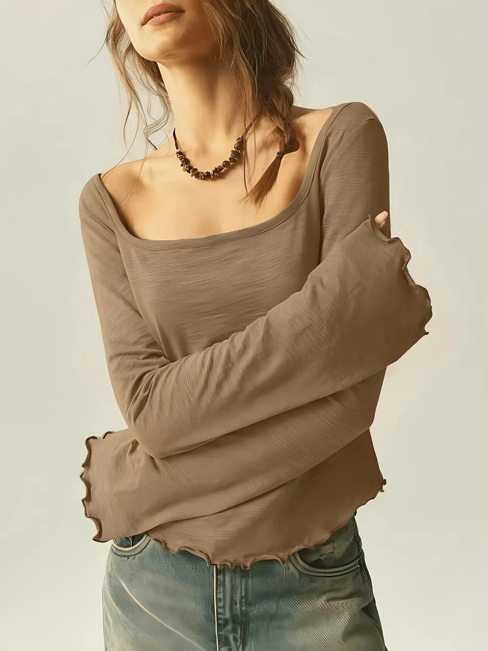 Long Sleeve Square Neck Slim-Fit T-Shirt, image 13