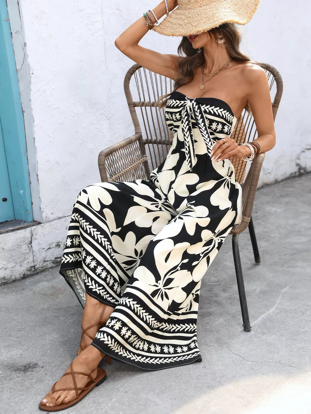 Floral Print Strapless Tie Front Wide Leg Jumpsuit, image 5