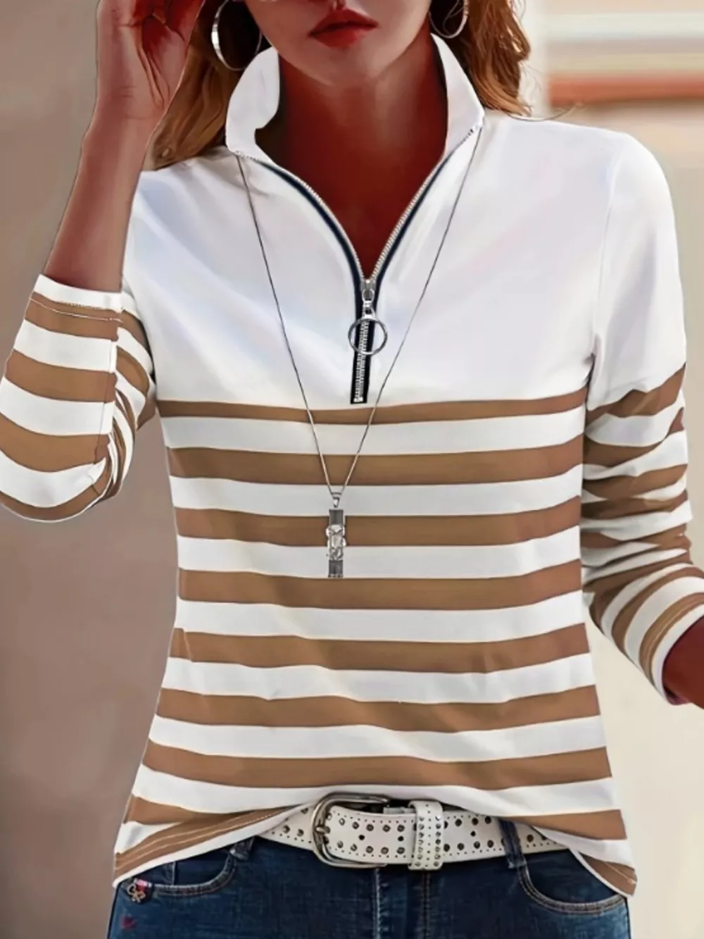 Quarter-Zip Striped Long Sleeve T-Shirt, image 13