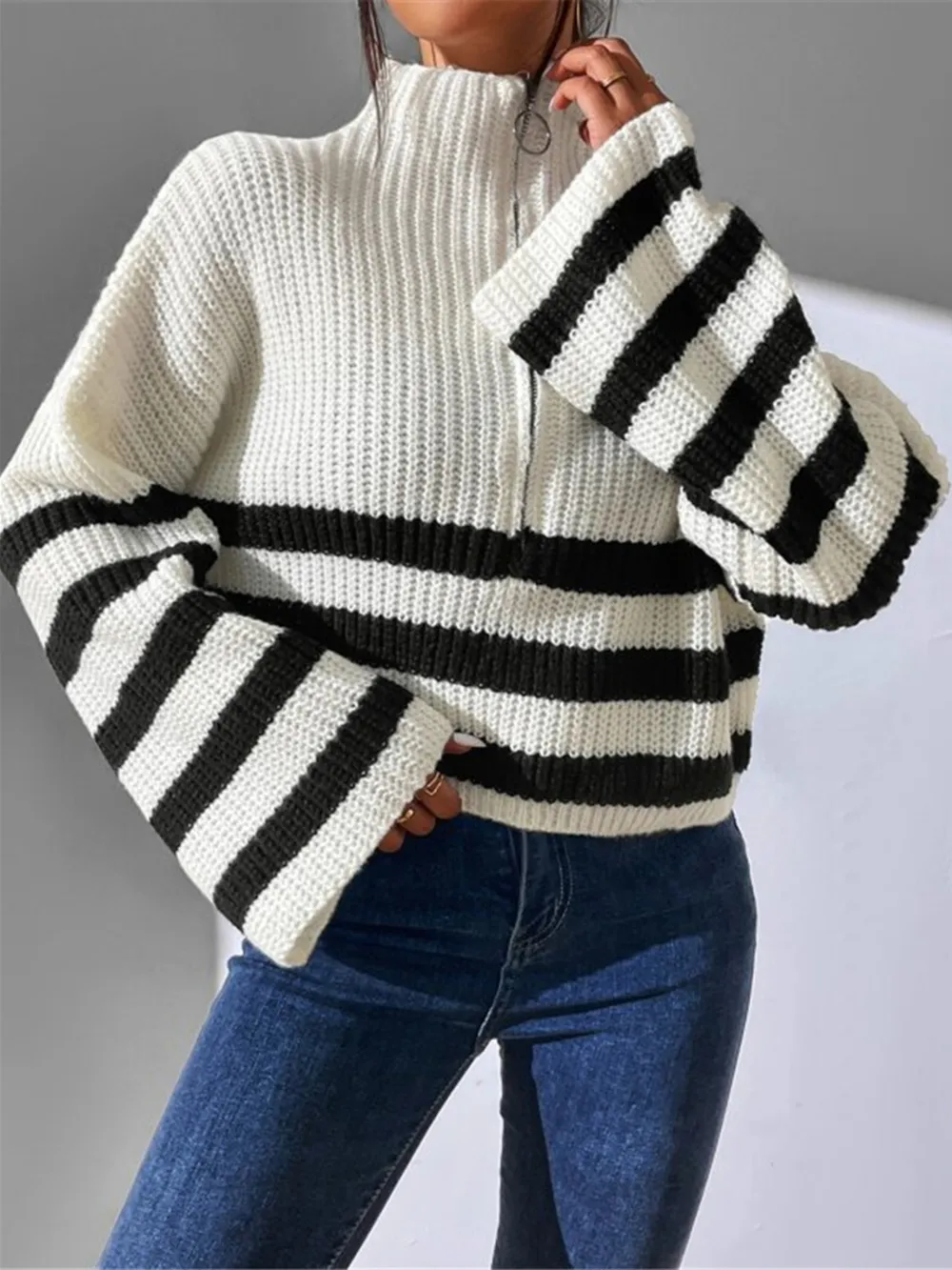 Striped Half Zip Cropped Sweater, image 3