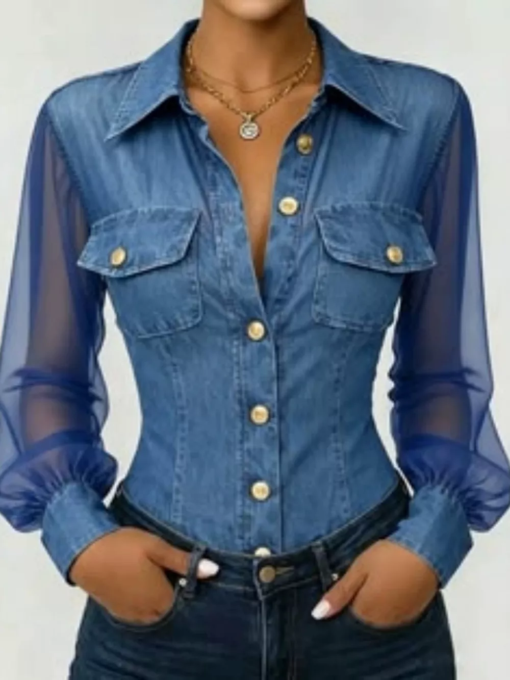 Full Size Slim-Fit Sheer Mesh Long Sleeves Shirt Plus Size