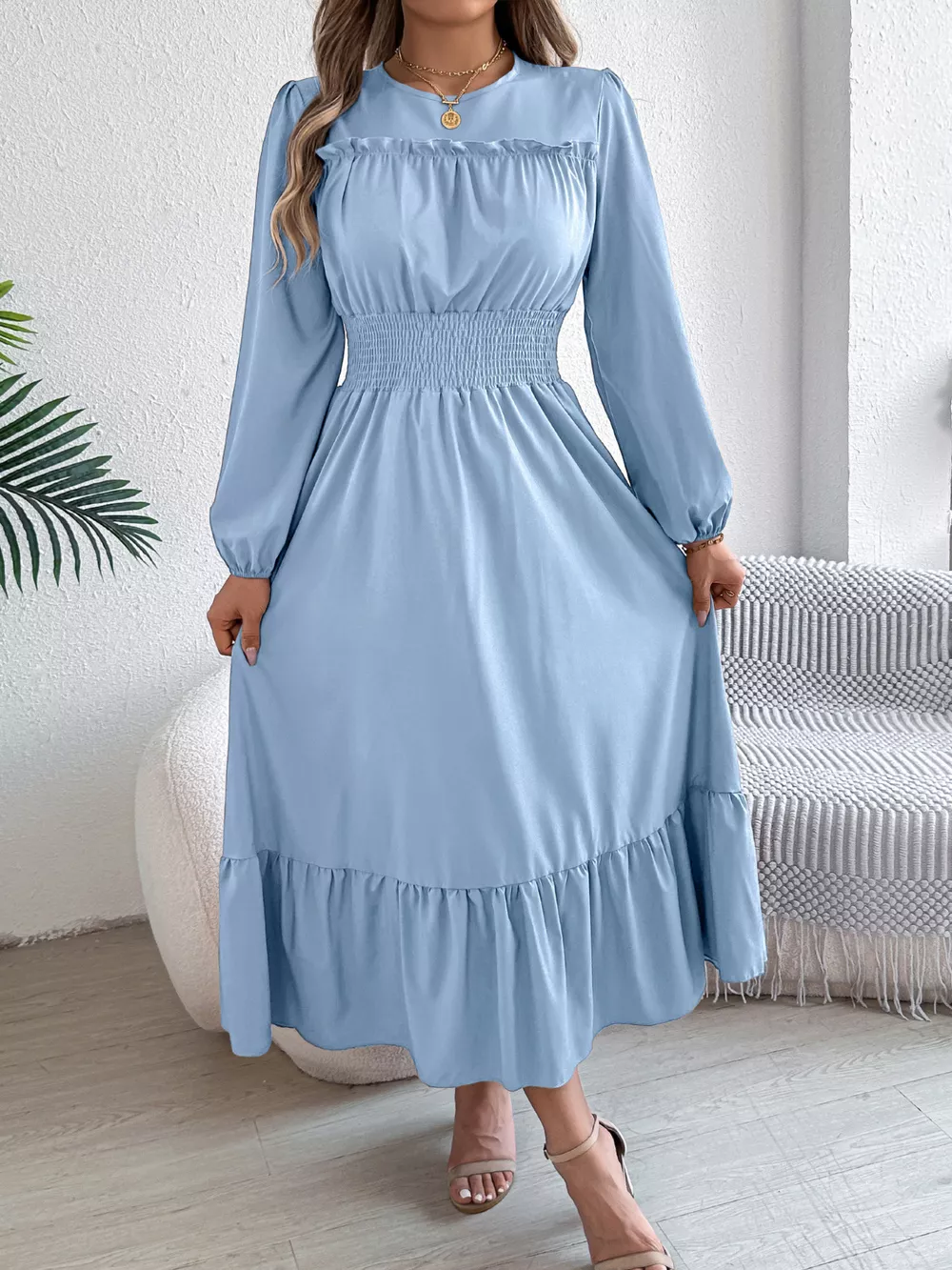 Round Neck Balloon Sleeve Tiered Dress, image 10