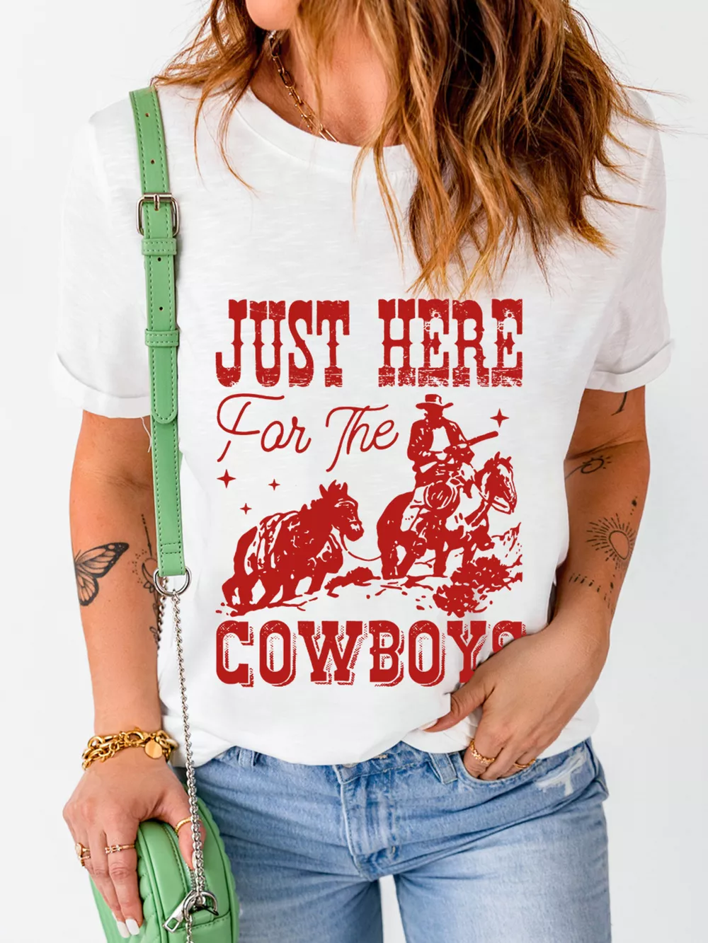 JUST HERE For THE COWBOY Cuffed Sleeve Crew Neck T Shirt, image 4