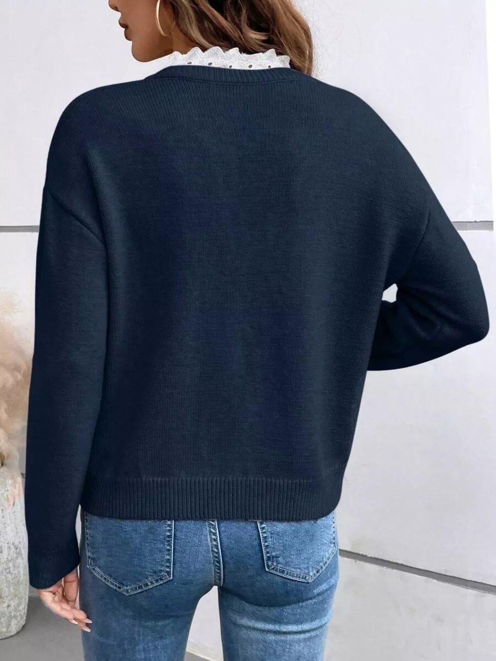 Lace Trim Notched Long Sleeve Sweater, image 11