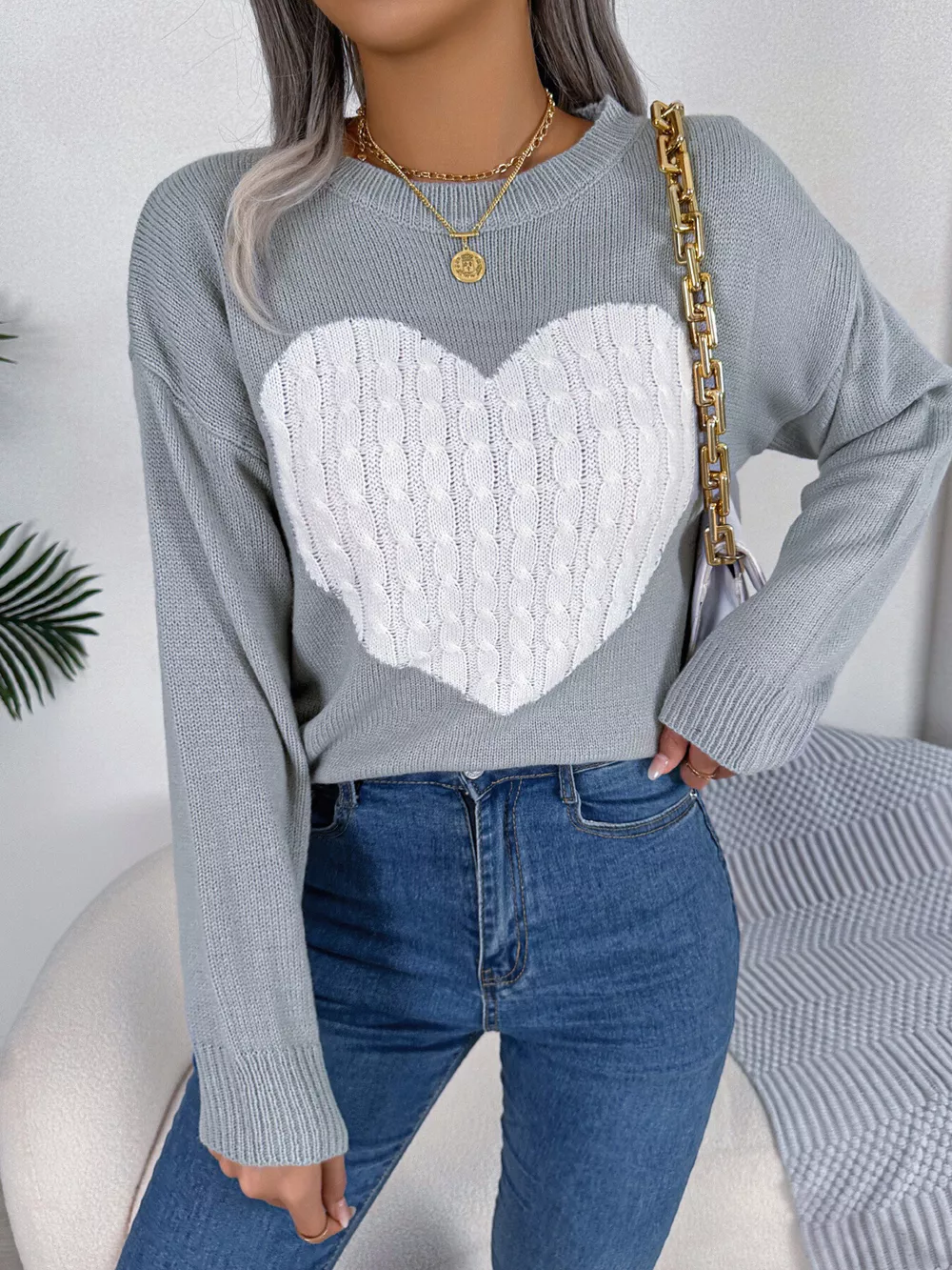 Cable Knit Heart Round Neck Sweater