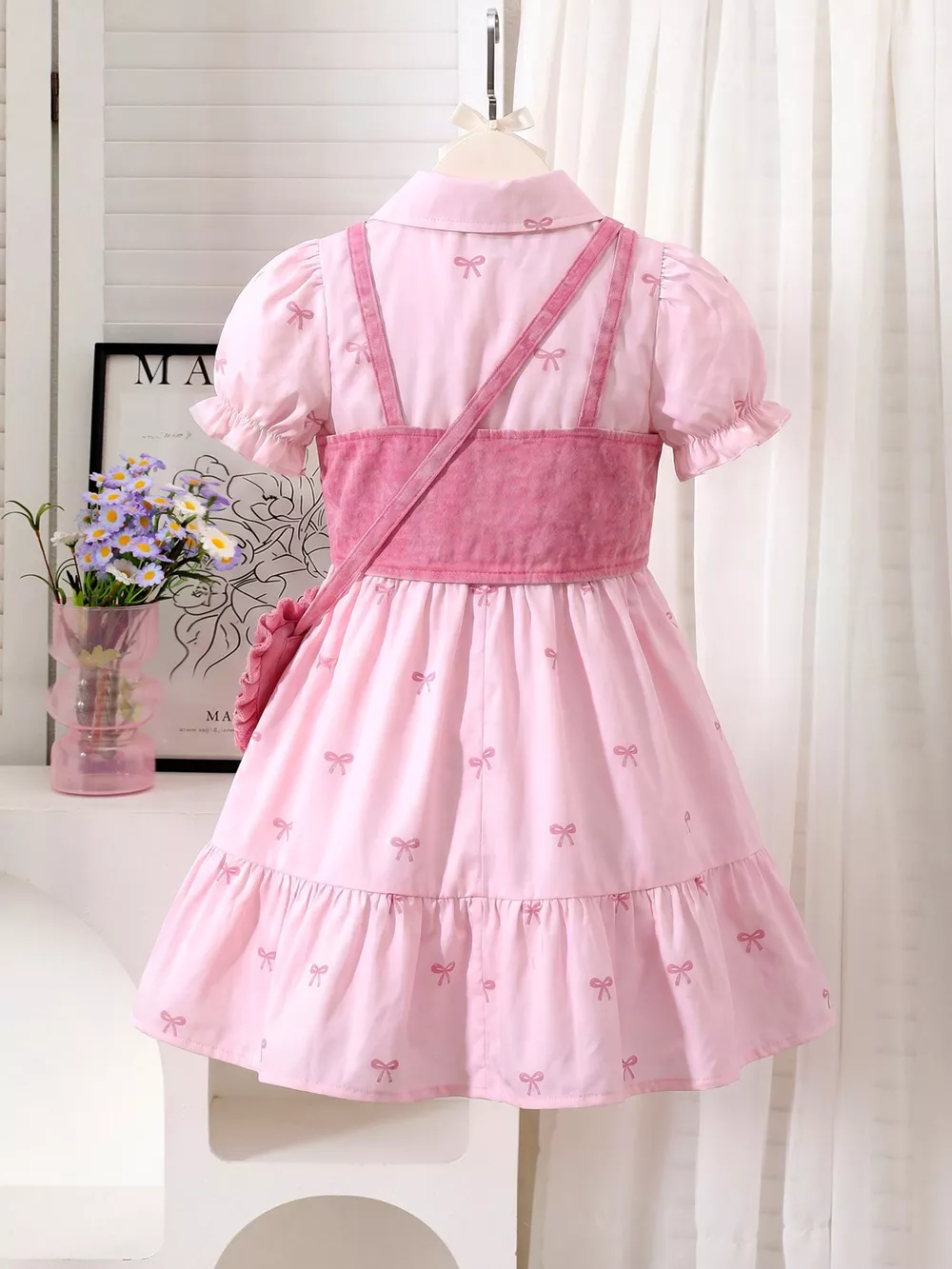 Children's Bow Print Puff Sleeve Dress and Vest Set with Heart Bag, image 5