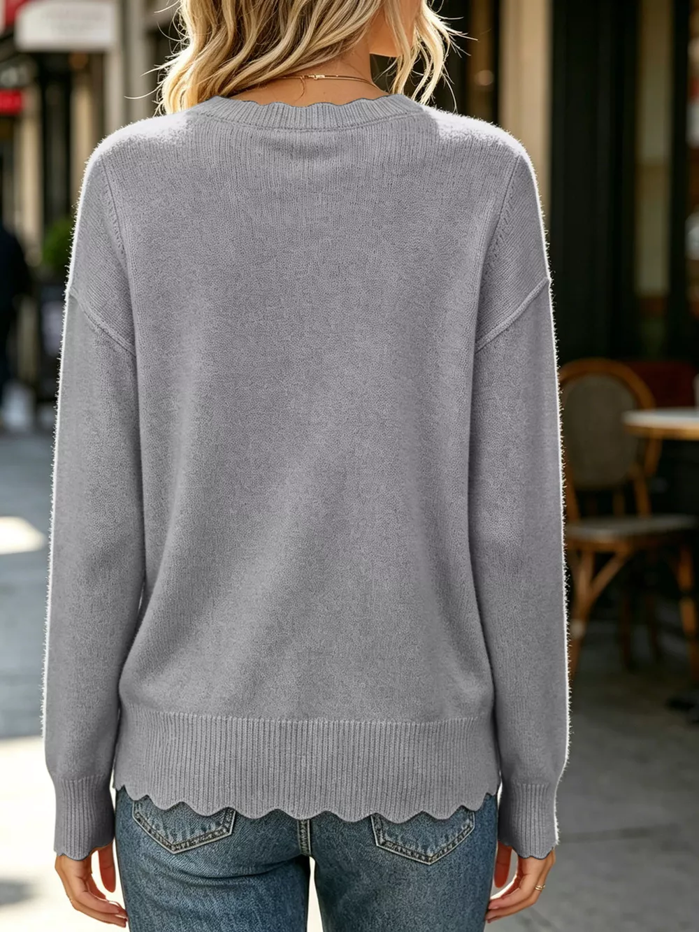 Full Size Scalloped Trim Crew Neck Sweater Plus Size, image 9