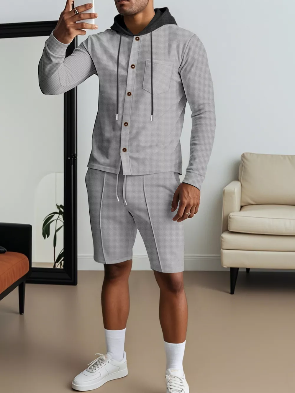 Men's Full Size Casual Hooded Button-Up Top and Shorts Set Plus Size, image 15