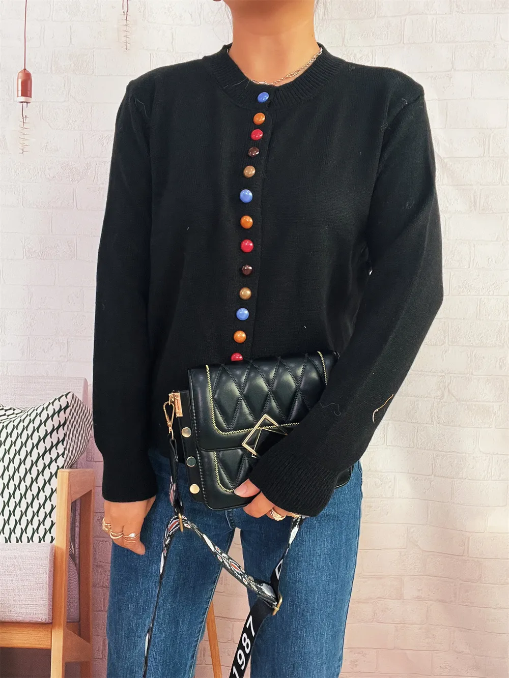 Button-Front Cardigan with Colorful Detail Buttons, image 11