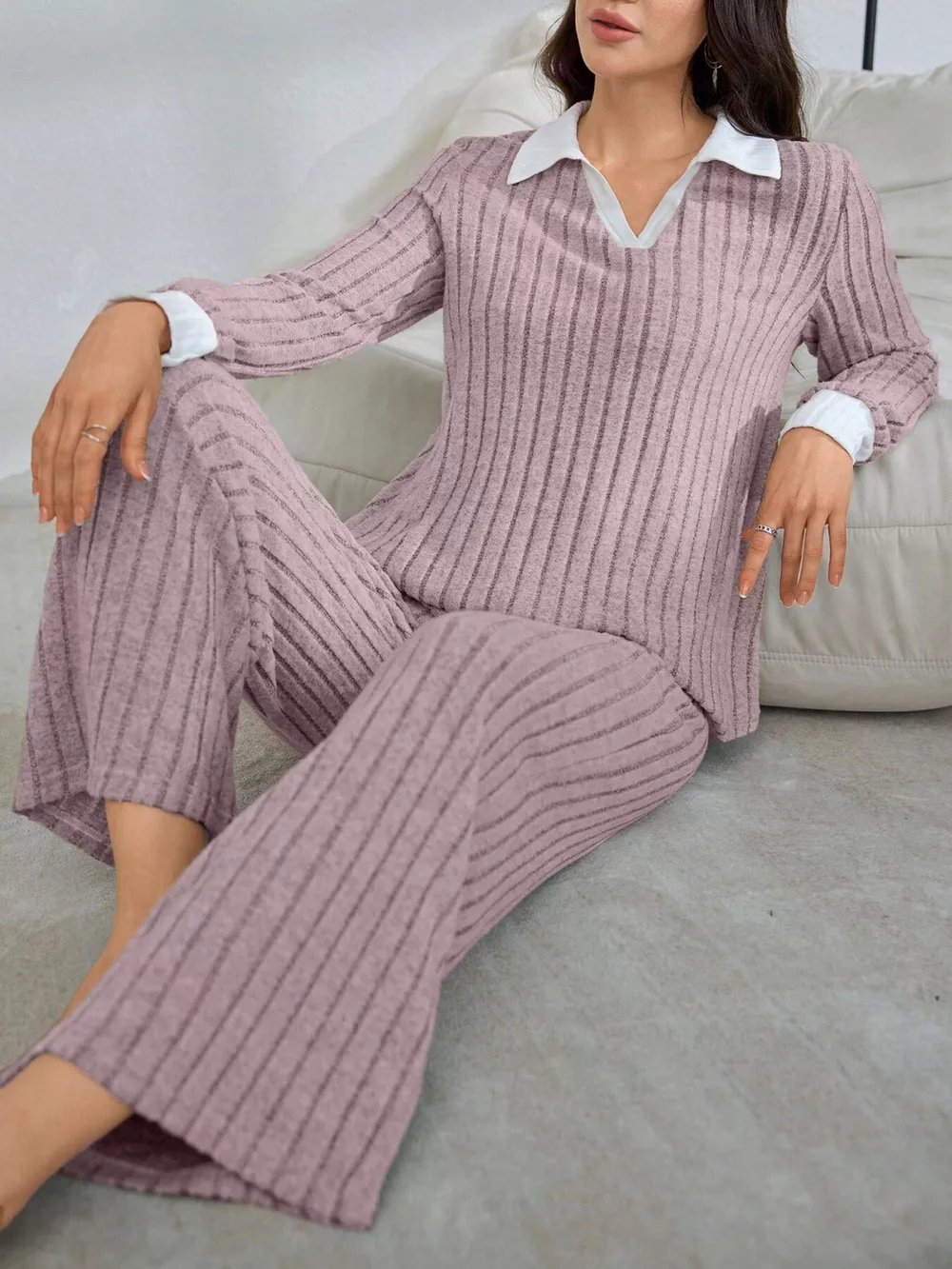 Ribbed Knit Polo Collar Top and Pants Lounge Set, image 4