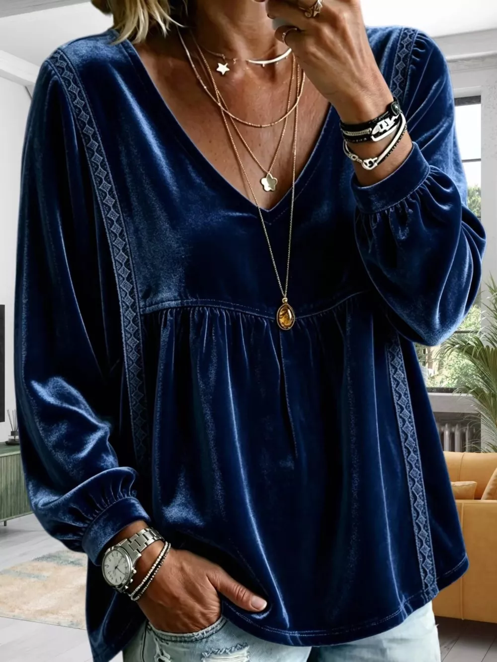 Full Size Velvet Lace Detail V-Neck Blouse Plus Size, image 6
