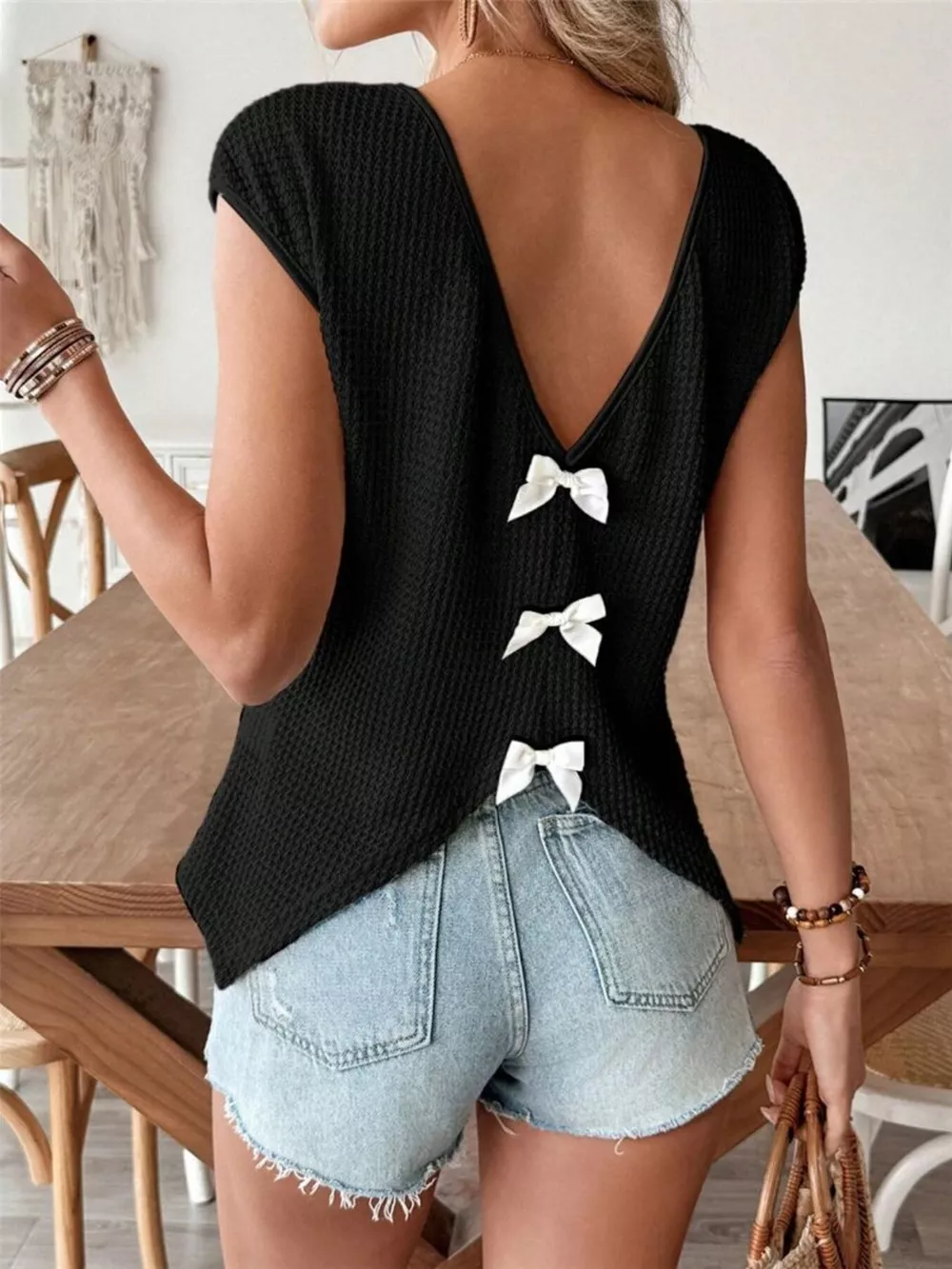 Waffle Knit V-Neck Cap Sleeve Top, image 11