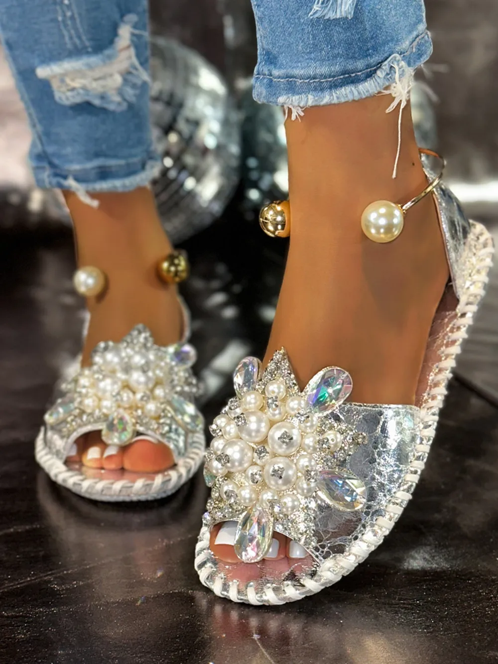 Pearl Embellished Flat Sandals, image 4