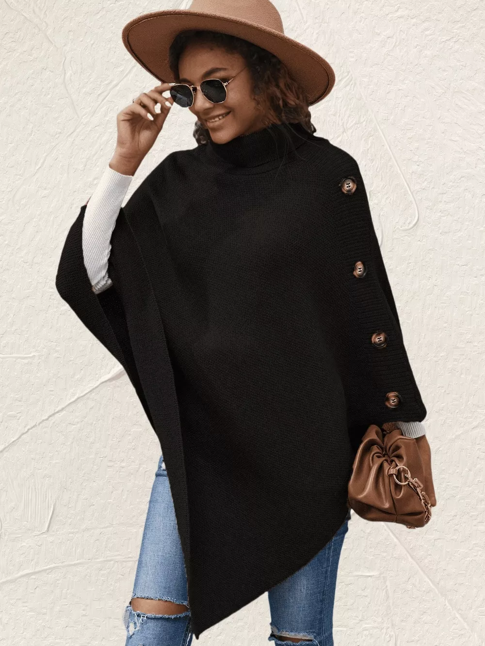Button-Decor Turtleneck Poncho Pullover, image 18