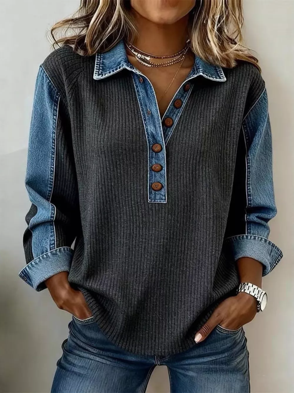 Denim Trim Button Detail Sweatshirt, image 5