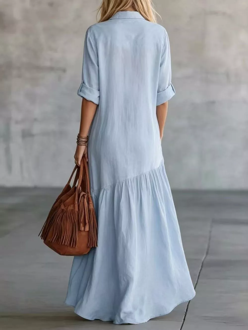 Full Size Button Front Roll-Up Sleeve Maxi Dress Plus Size, image 2