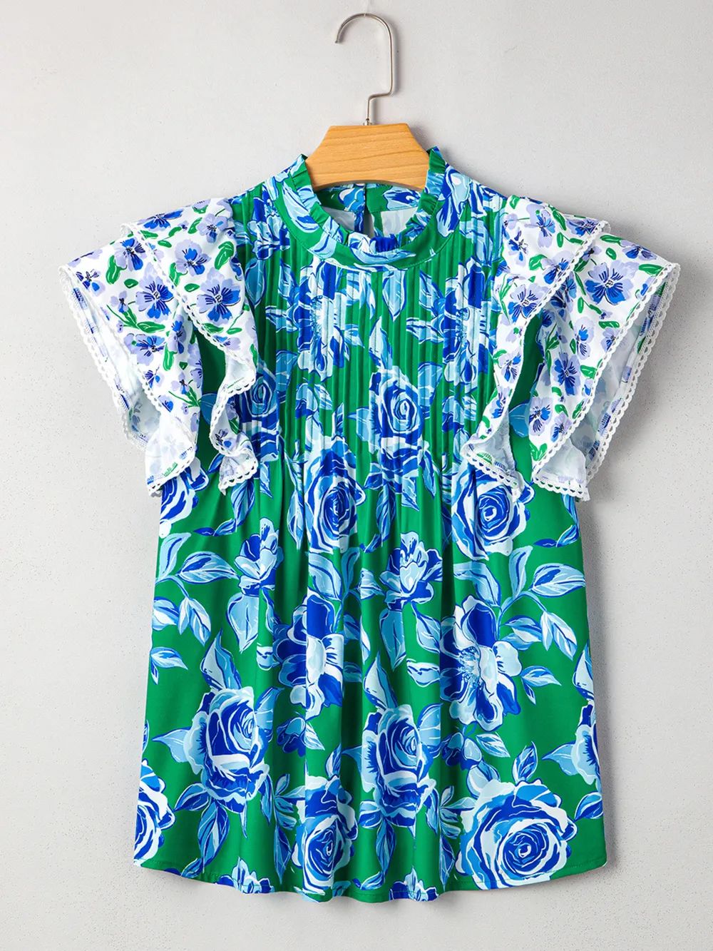 Floral Lace Trim Contrast Ruffle Sleeve Pleated Loose Blouse, image 4