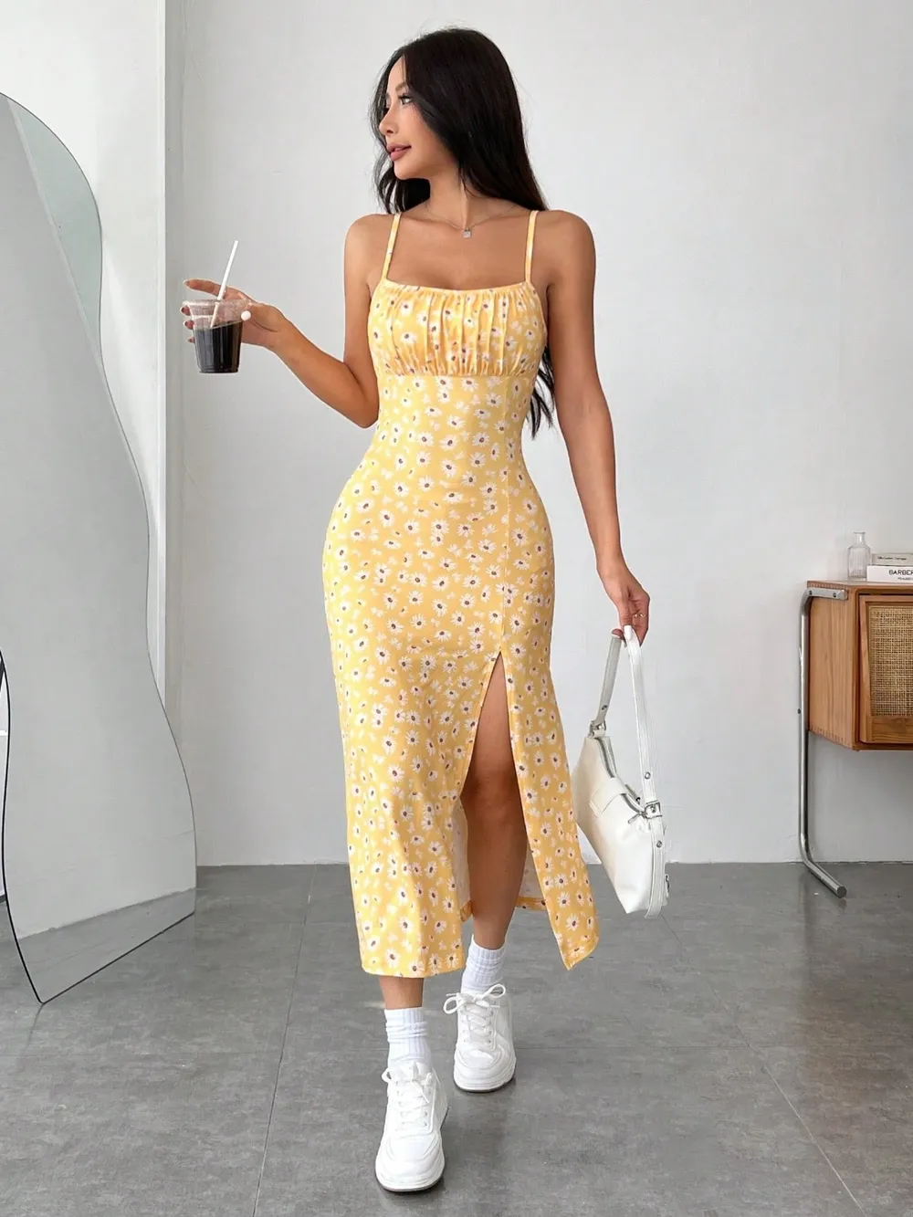 Daisy Print Cami Midi Dress with Slit, image 4
