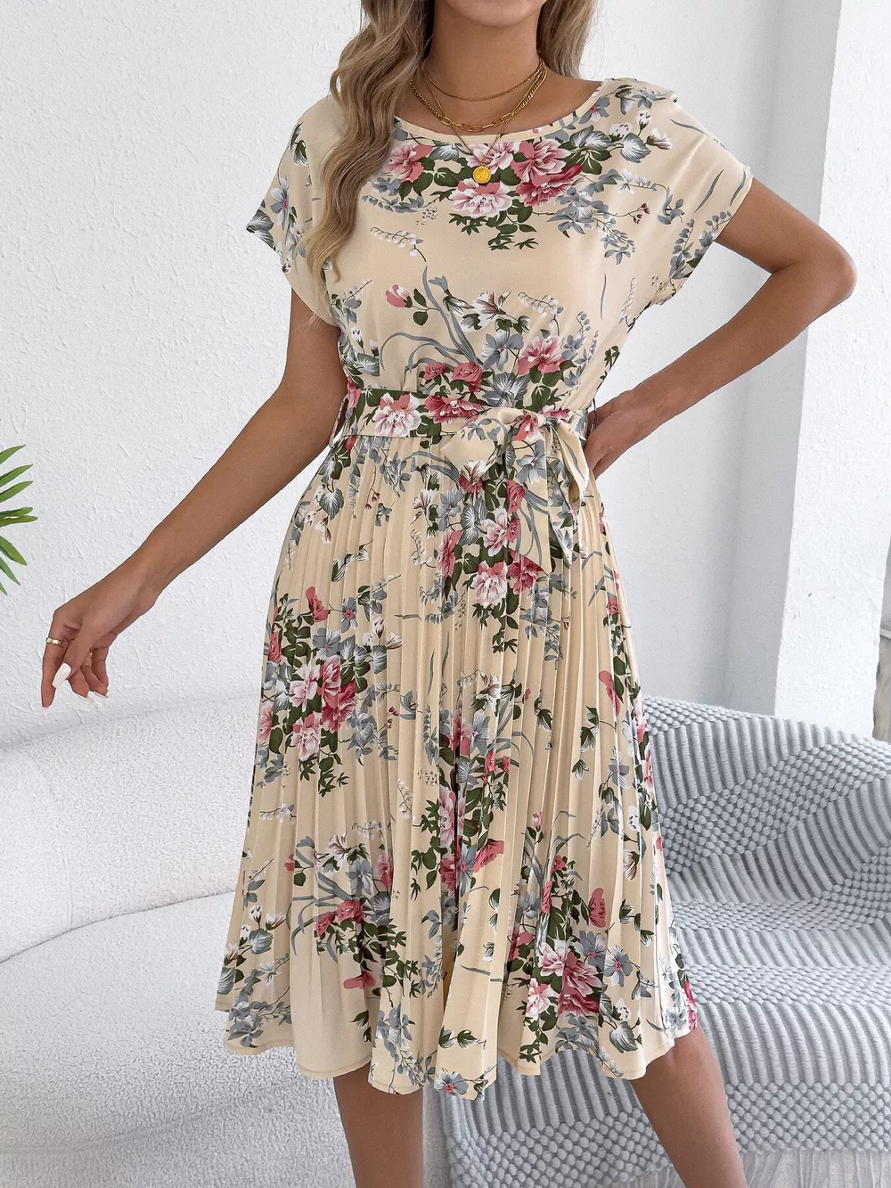 Floral Print Pleated A-Line Midi Dress, image 5
