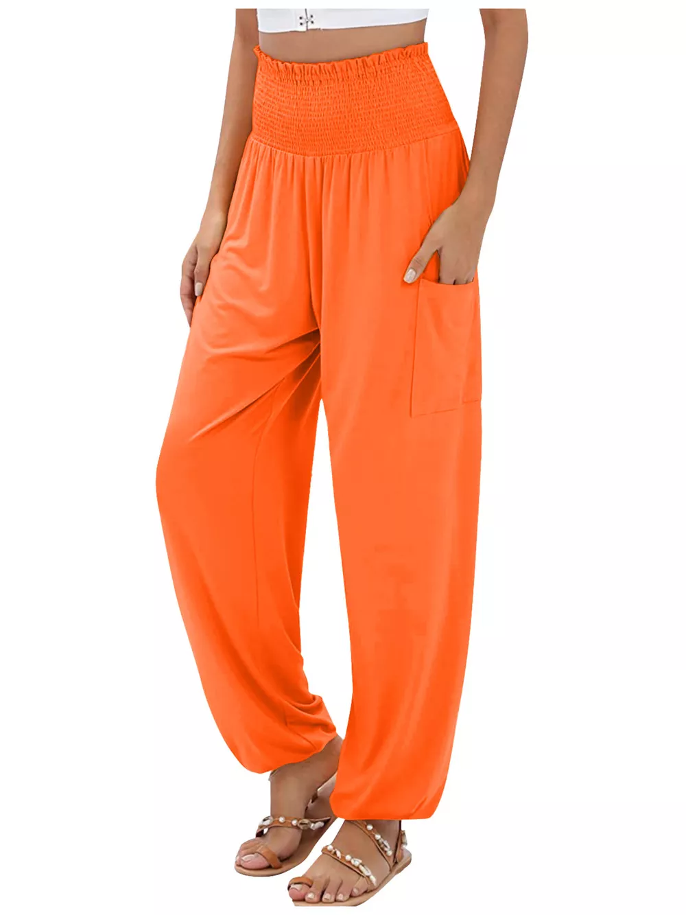 Full Size Smocked Waist Harem Pants with Pockets Plus Size, image 9