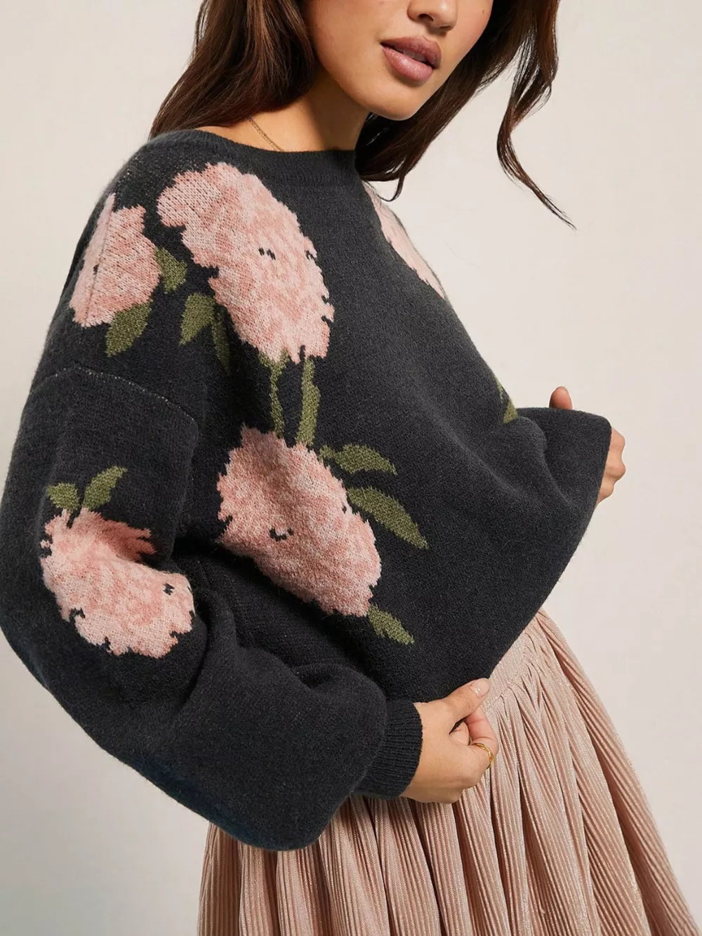 Floral Pattern Dropped Shoulder Sweater, image 3