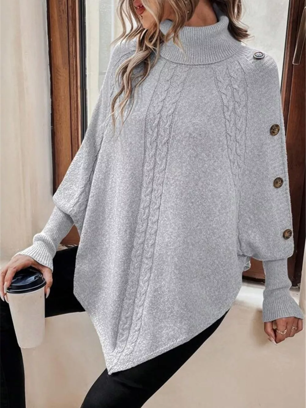 Cable Knit Turtleneck Cape Sweater, image 6