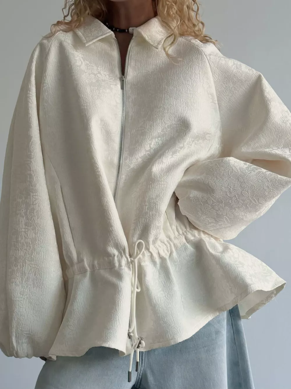 Jacquard Zip-Up Peplum Jacket, image 2