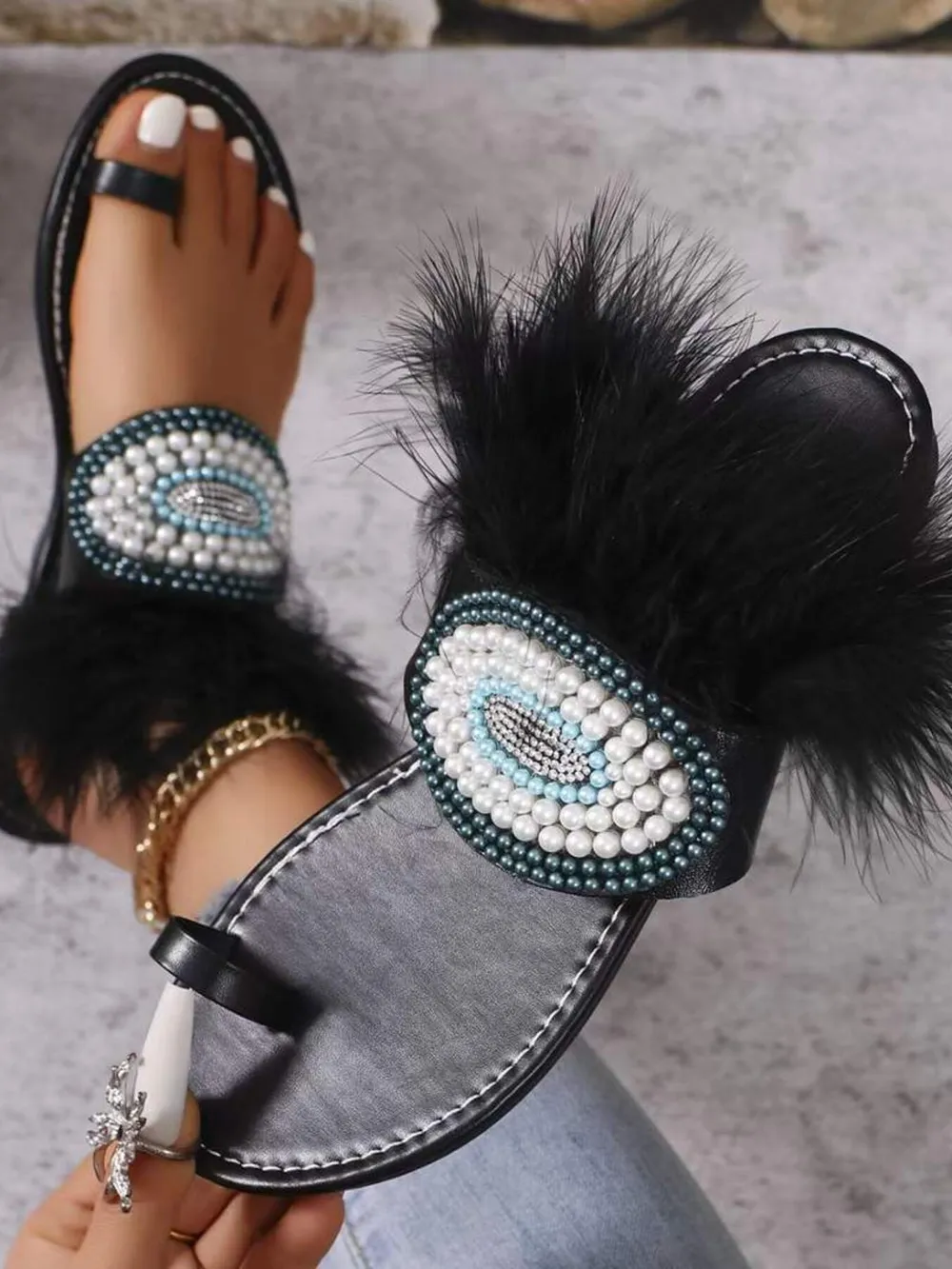 Toe Loop Fur Trim Flat Sandals, image 4