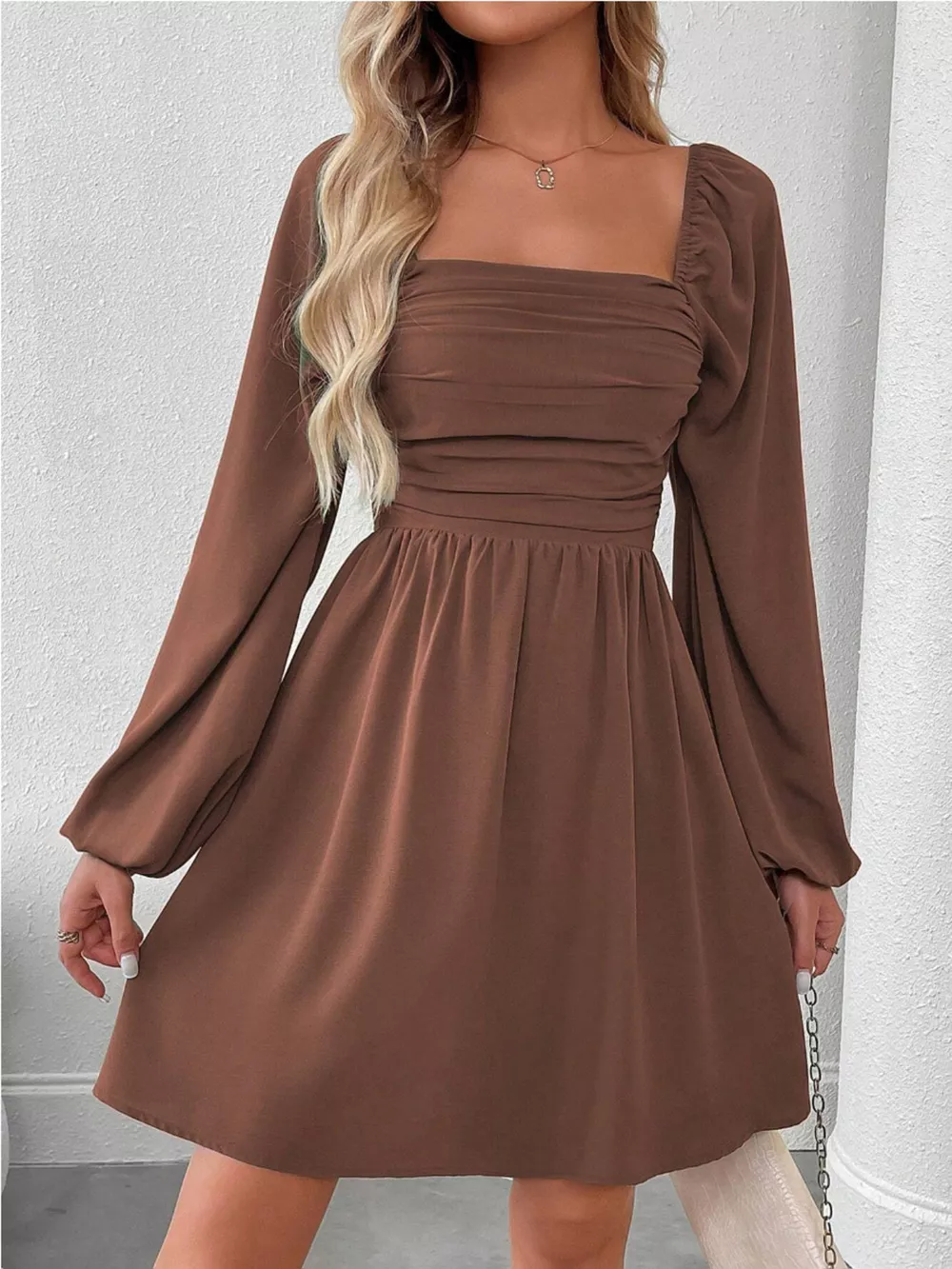 Ruched Square Neck Long Sleeve A-Line Dress, image 14