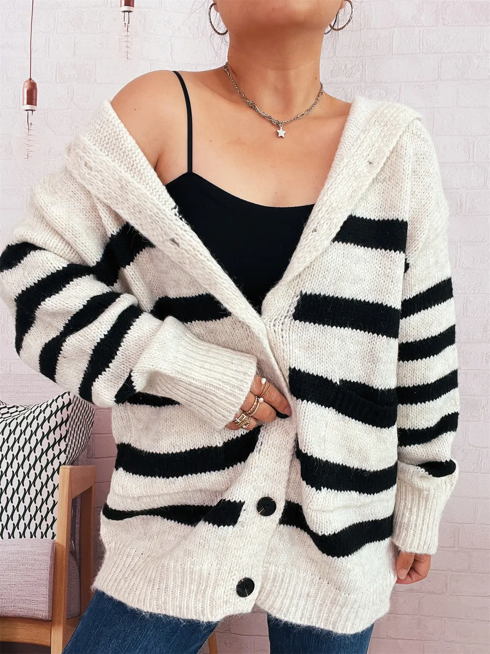 Striped Button-Up Hooded Cardigan, image 4